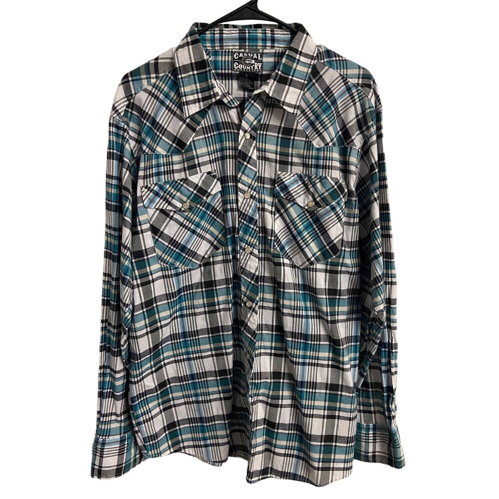 Casual Country Mens Size L Pearl Snap Shirt Blue Black Plaid Western Cowboy